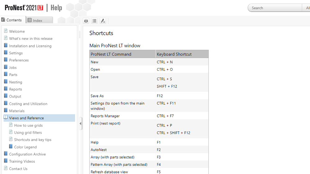Hypertherm ProNest2021 LT Keyboard Shortcuts